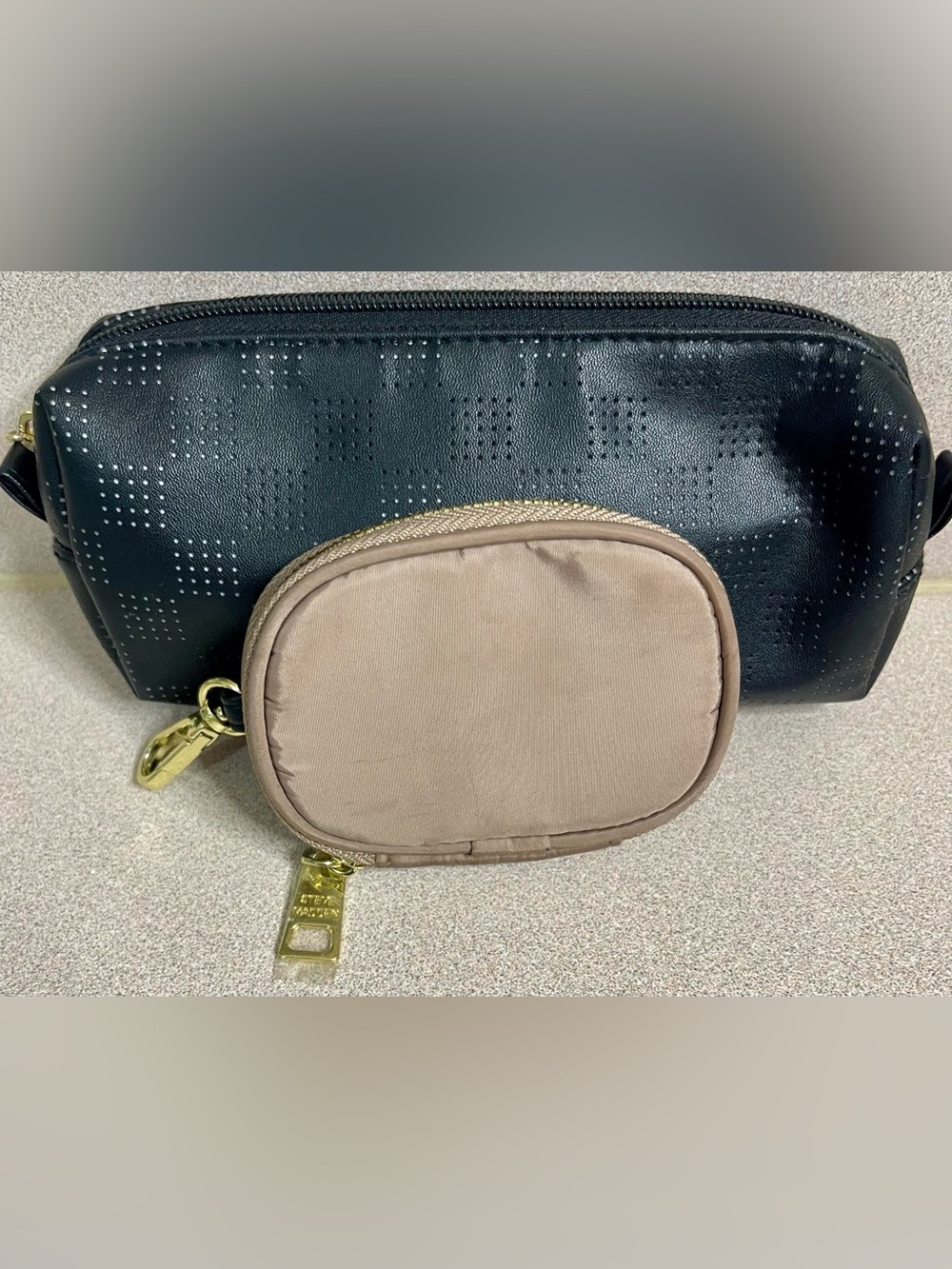 Steve Madden Zip Pouch & Black Faux Leather Cosmetic Makeup Bag 2 Pc Travel Set
